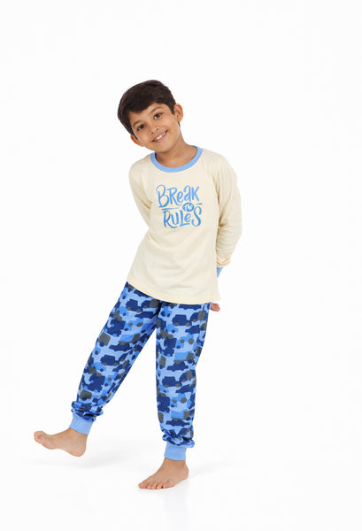 REBORN Boys -Soft Single Jersery Car Printed Cotton Full Sleeve & PJ Sleepset - Butter Cream & Blue