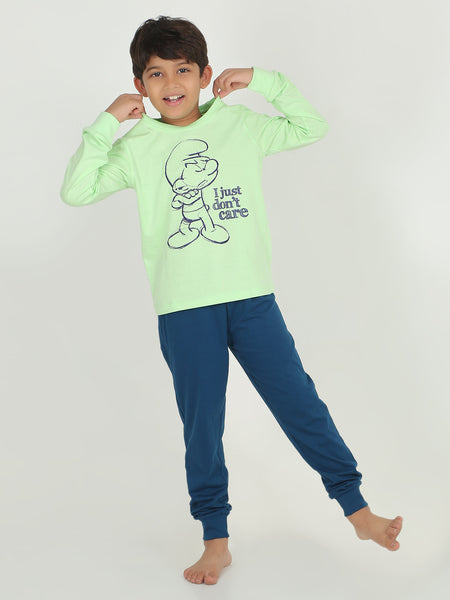 REBORN x Smurfs  Boys - Soft Single Jersery Printed Cotton Full Sleeve & PJ Sleepset - Pistachio Green & Navy Blue