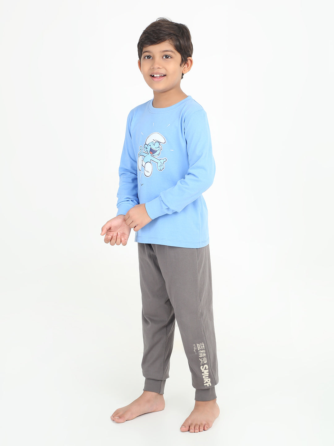 REBORN x Smurfs  Boys - Soft Single Jersery Printed Cotton Full Sleeve & PJ Sleepset - Blue & Charcoal Grey