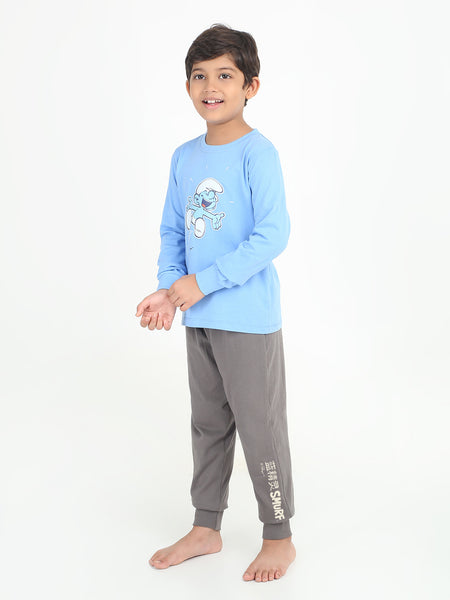 REBORN x Smurfs  Boys - Soft Single Jersery Printed Cotton Full Sleeve & PJ Sleepset - Blue & Charcoal Grey