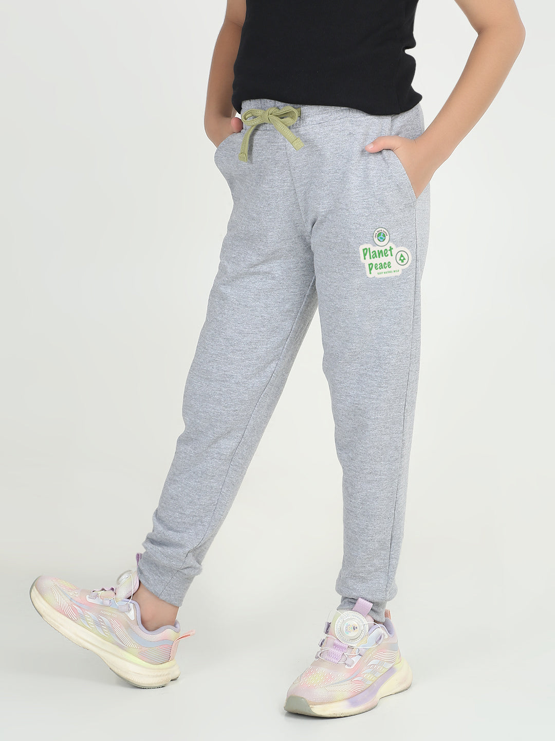 REBORN- Girls Blue Printed  cotton fleece Jogger - Light Grey