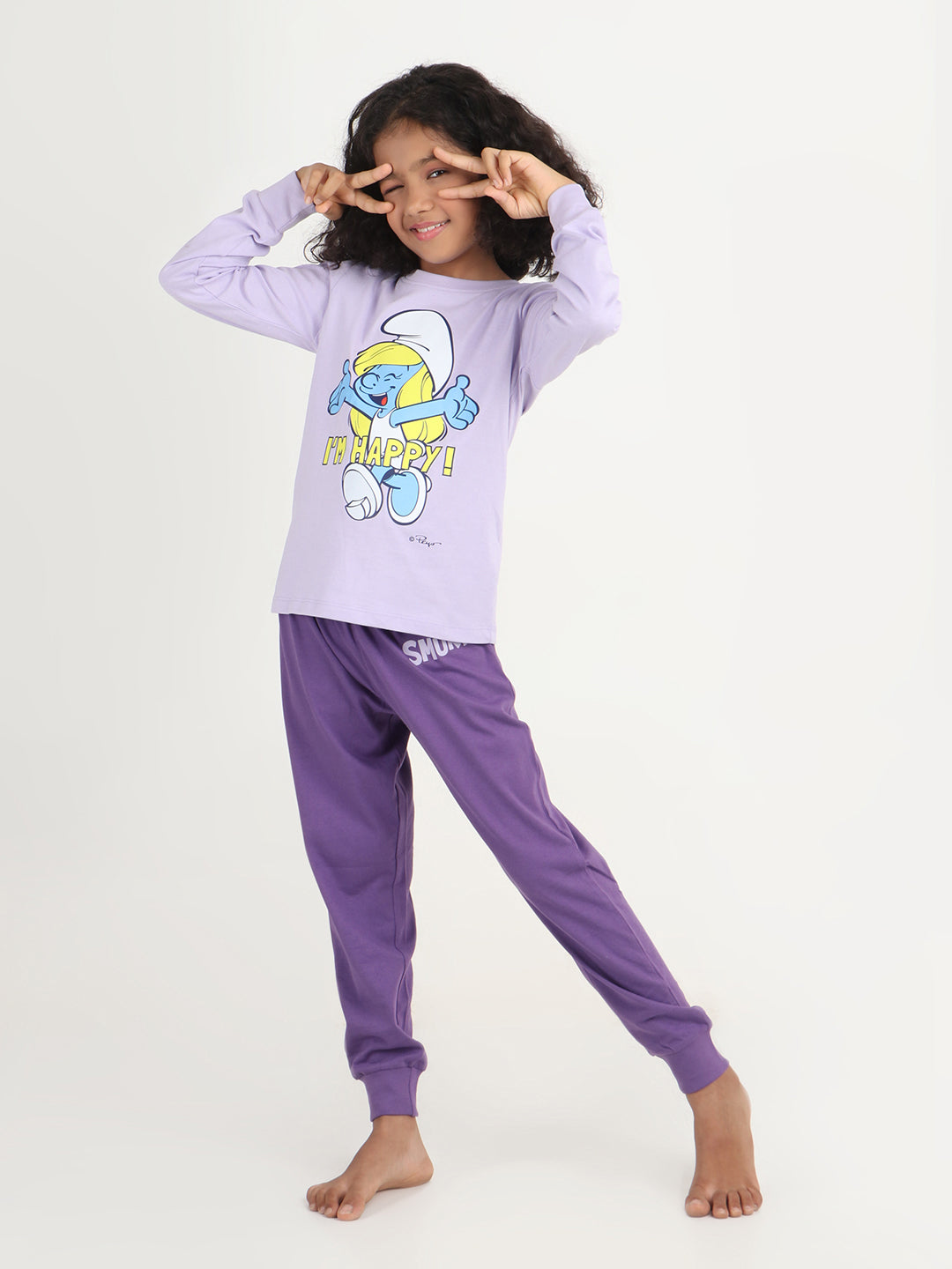 REBORN x Smurfs  Girls - Soft Single Jersery Printed Cotton Full Sleeve & PJ Sleepset - Lavender & Deep Purple