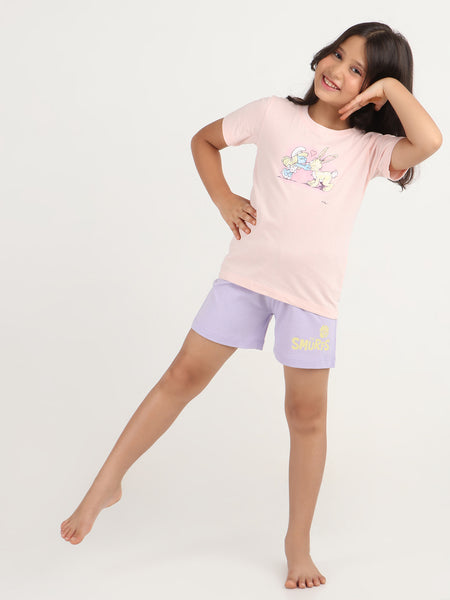 REBORN x Smurfs -Girls T-shirts & Shorts Co-ord set Cotton Printed - Soft Pink & Lavender