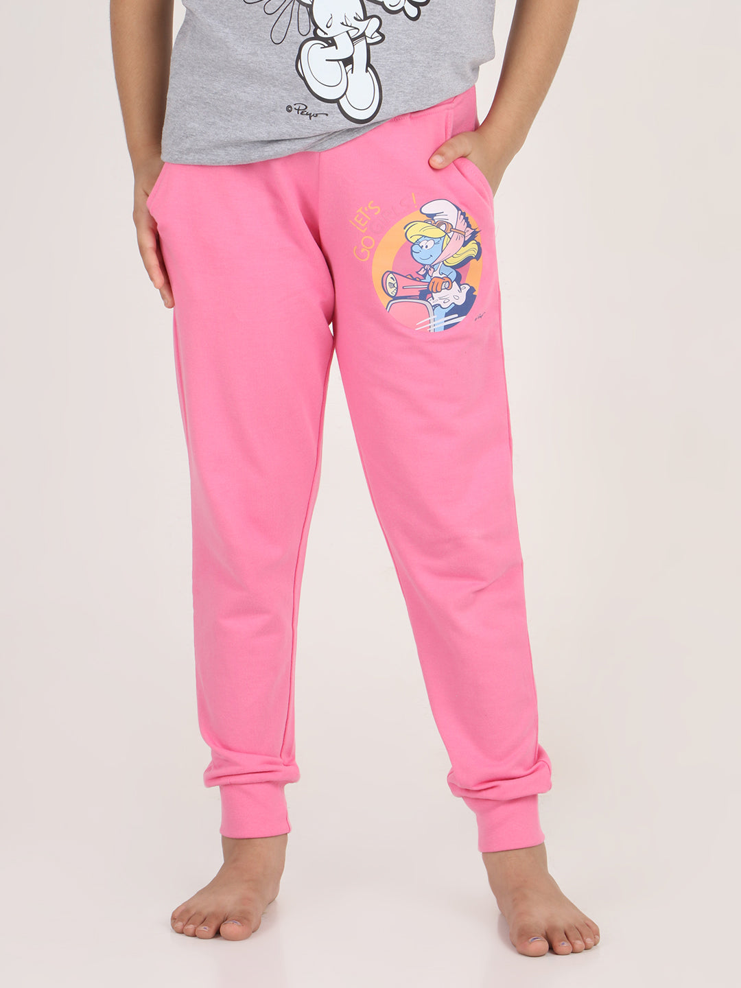 Reborn X The Smurfs - Girls Printed  cotton fleece Jogger -Pink