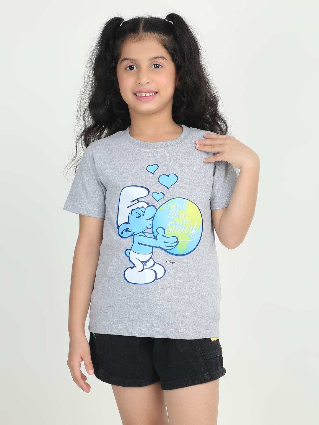Reborn X The Smurfs -Girls Cotton T-shirt Printed - Grey Melange