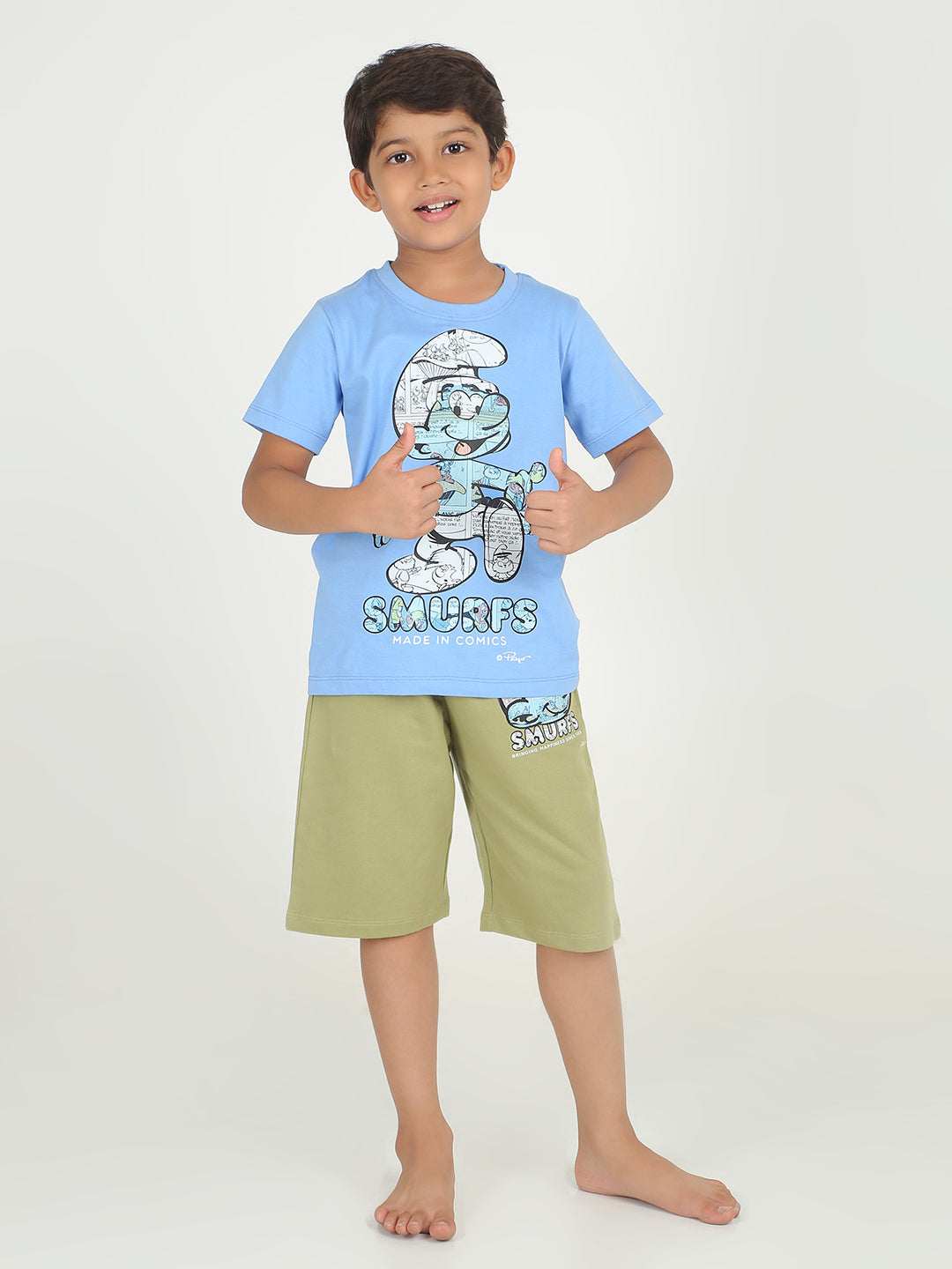 REBORN x Smurfs -Boys T-shirts & 3/4 Shorts Co-ord set Cotton Printed - Blue & Sage Green