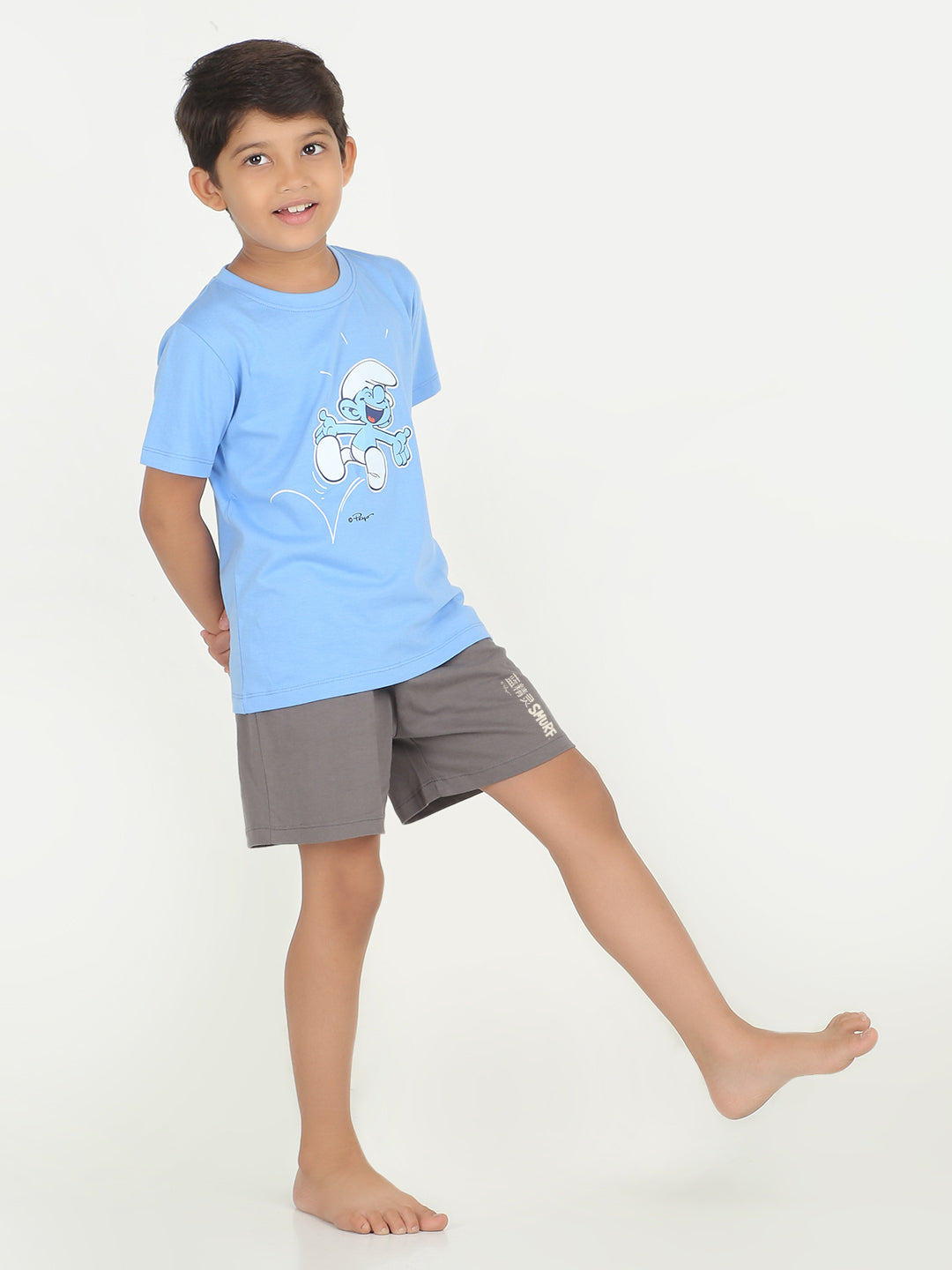 REBORN x Smurfs -Boys T-shirts & Shorts Co-ord set Cotton Printed - Blue & Charcoal Grey