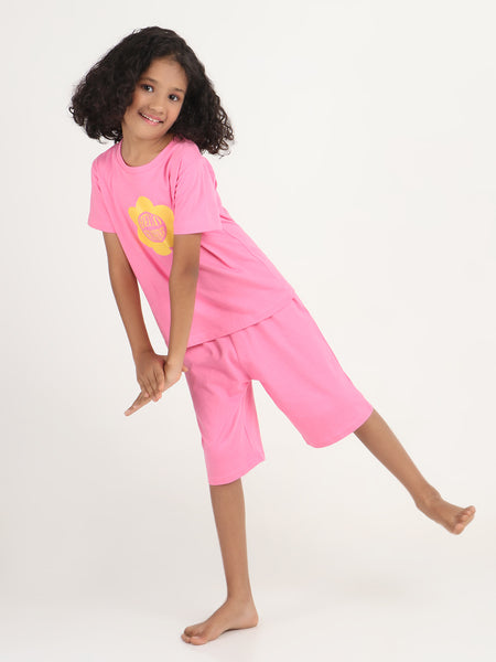 REBORN -Girls T-shirts & 3/4 Shorts Co-ord set Cotton Printed - Pink