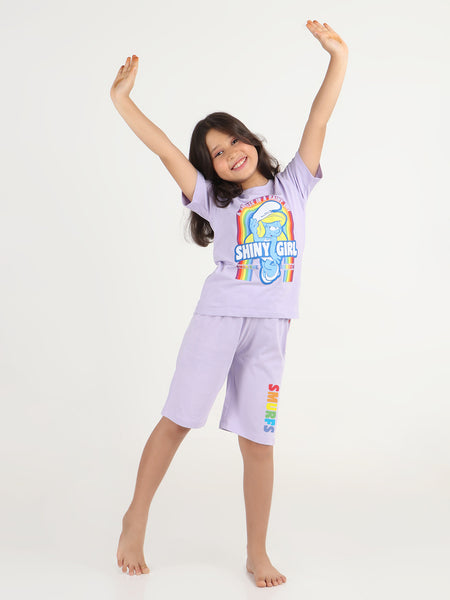 REBORN x Smurfs -Girls T-shirts & 3/4 Shorts Co-ord set Cotton Printed - Lavender
