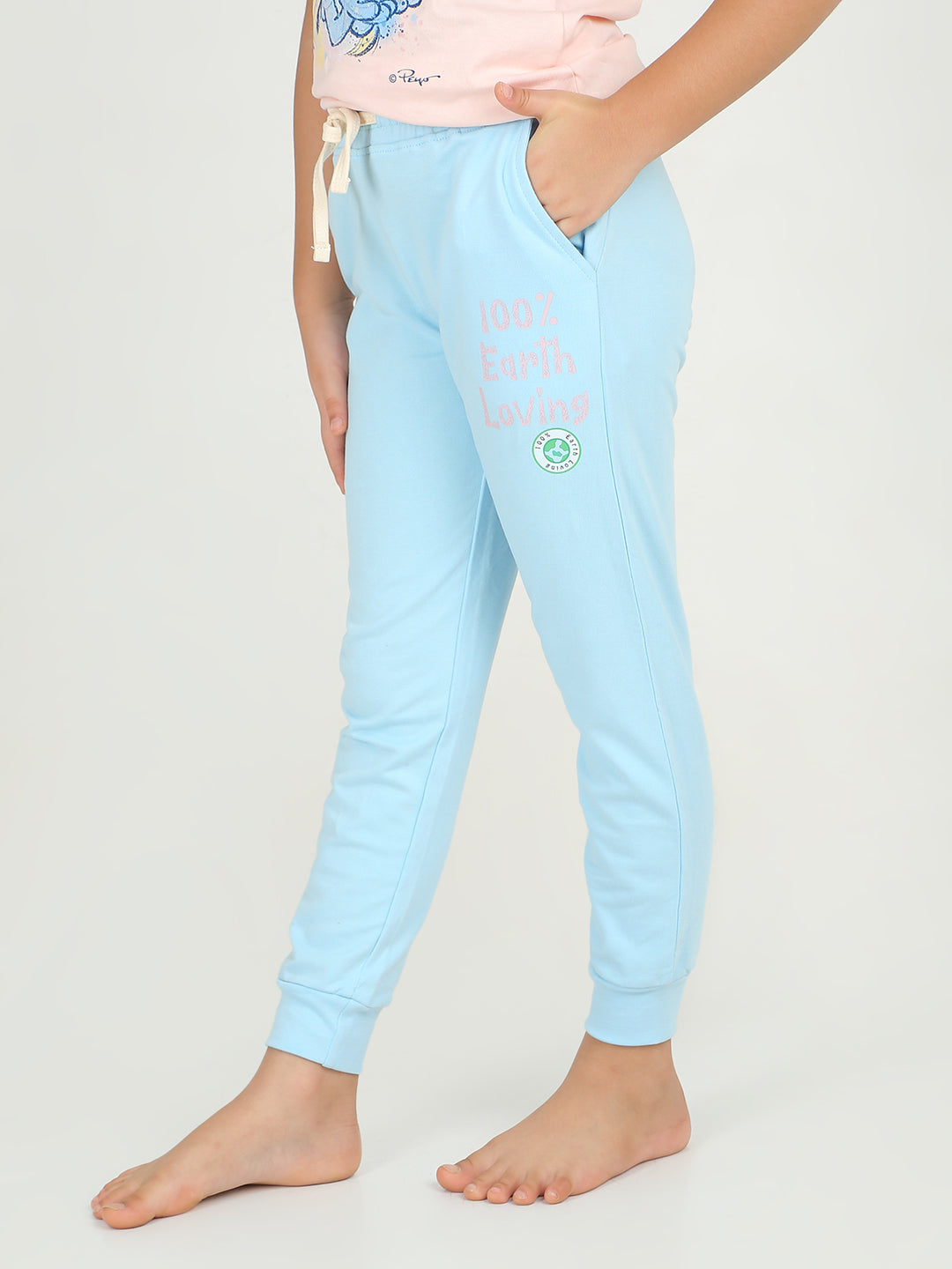 REBORN- Girls Blue Printed  cotton fleece Jogger -Sky Blue