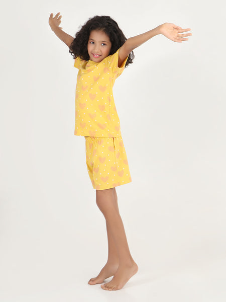 REBORN - Girls T-shirts & Shorts Co-ord set Cotton Heart Printed - Mustard