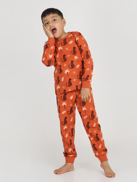 REBORN Boys -Soft Single Jersery Animal Print Cotton Full Sleeve & PJ Sleepset - RUST