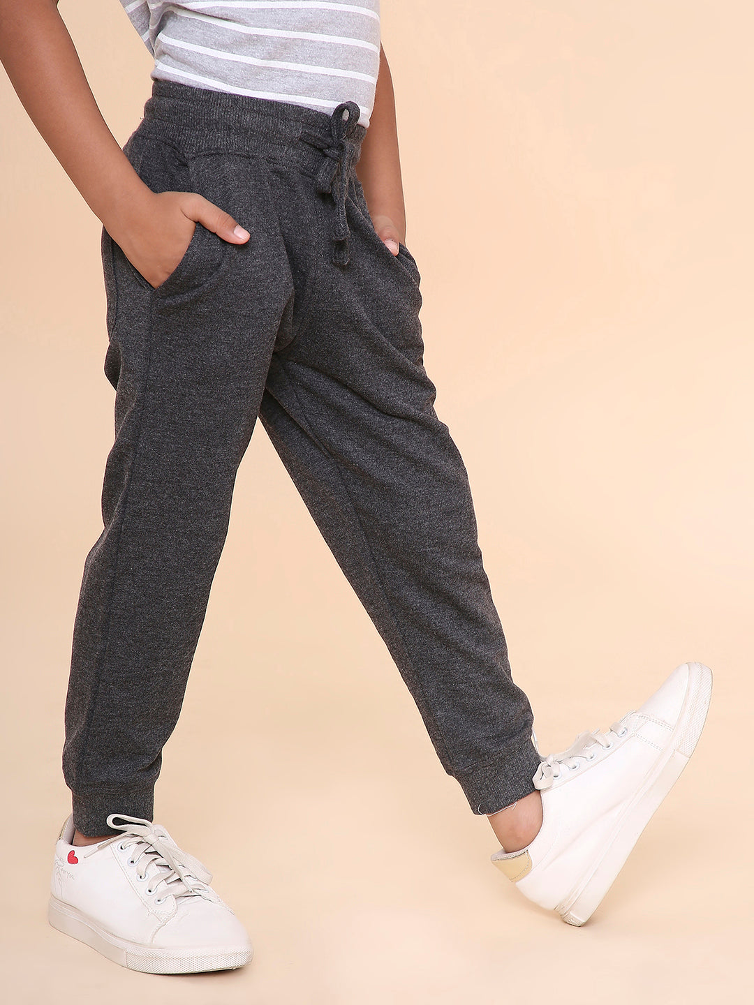 REBORN - Boys Solid Cotton Fleece Jogger - Charcoal Melange