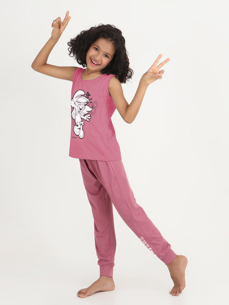 REBORN x Smurfs -GirlsTank top & Jogger Co-ord set Cotton Printed - Mauve