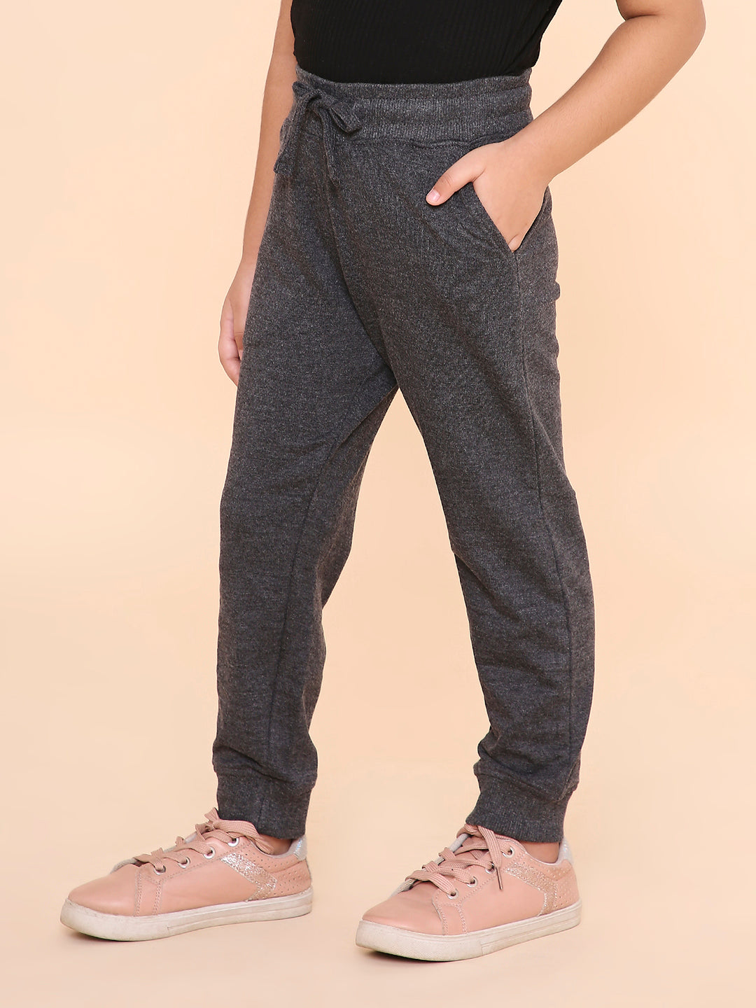REBORN -Girls Solid Cotton Fleece Jogger -Charcoal Melange