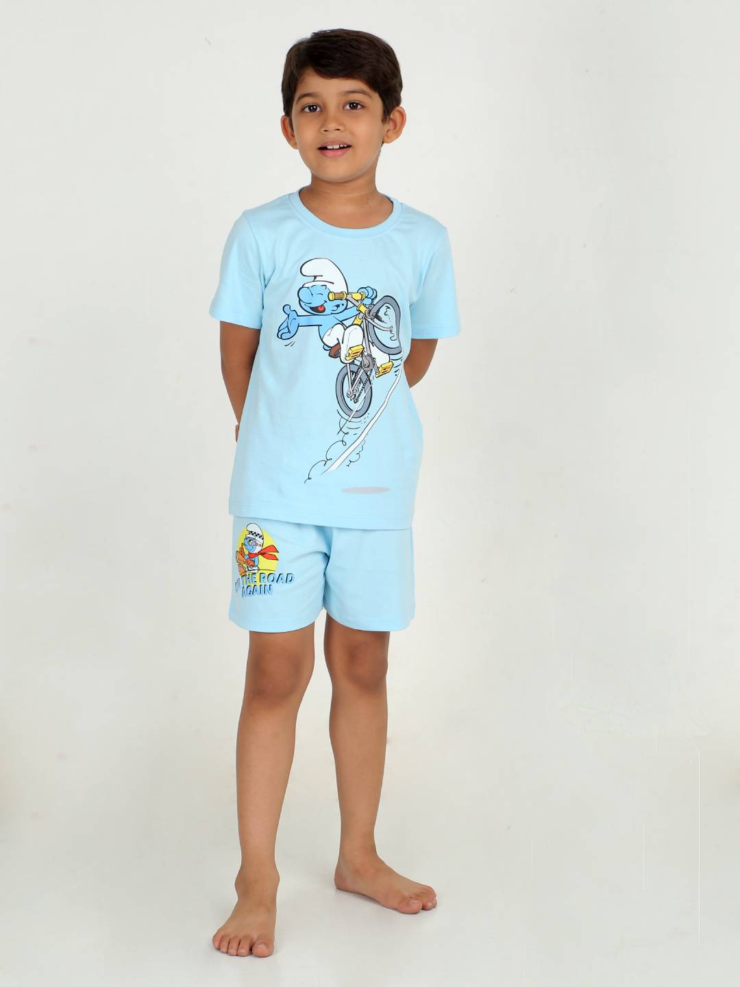 REBORN x Smurfs -Boys T-shirts & Shorts Co-ord set Cotton Printed - Sky Blue
