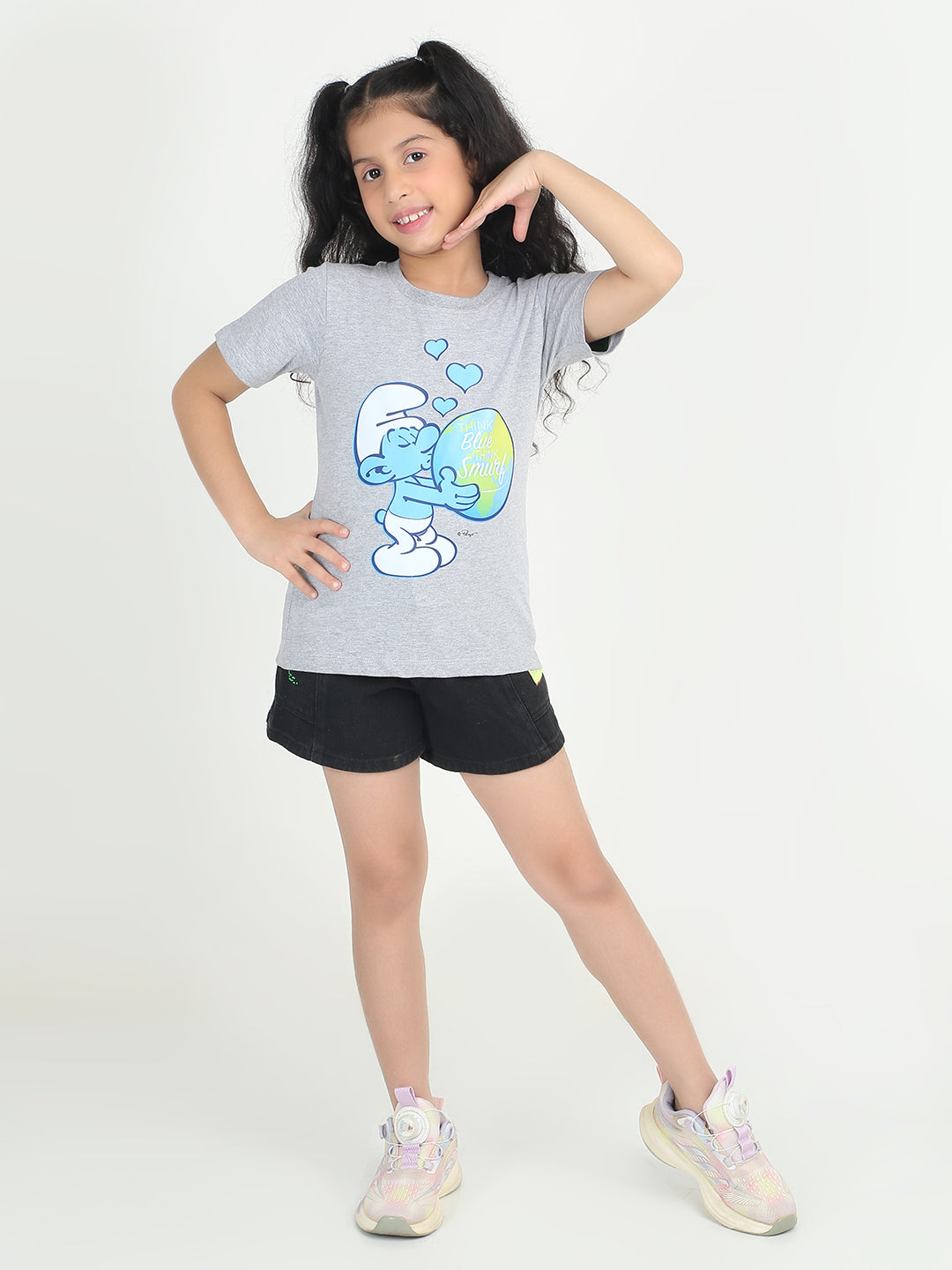 Reborn X The Smurfs -Girls Cotton T-shirt Printed - Grey Melange