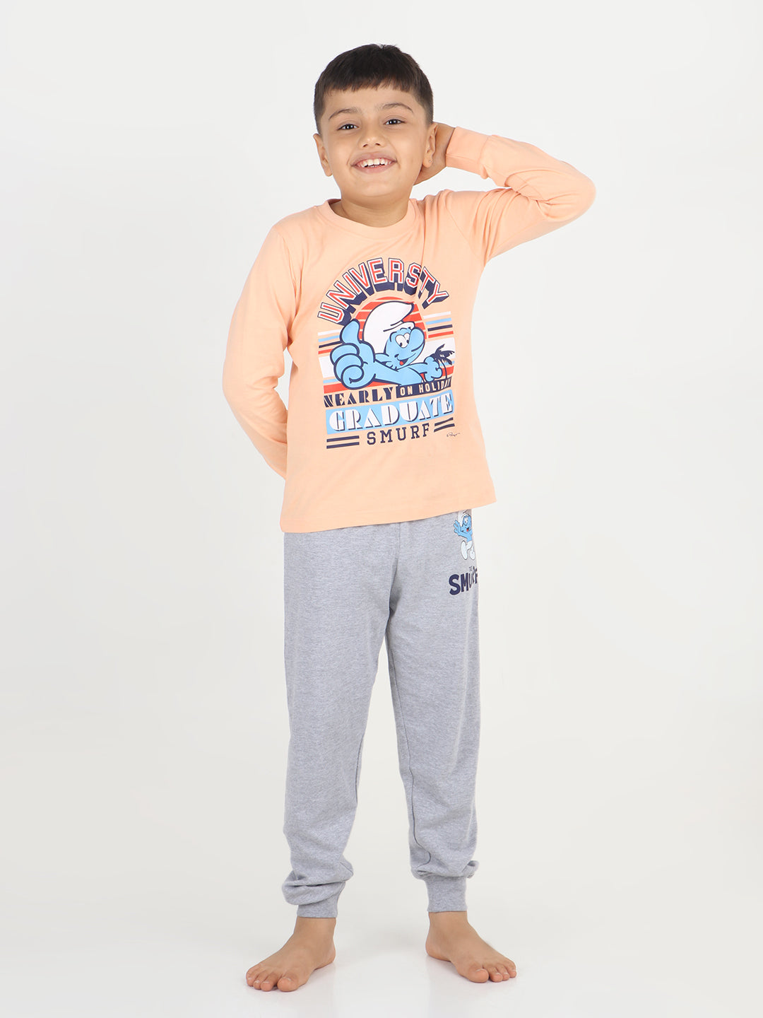 REBORN x Smurfs  Boys - Soft Single Jersery Printed Cotton Full Sleeve & PJ Sleepset - Peach & Grey Melange