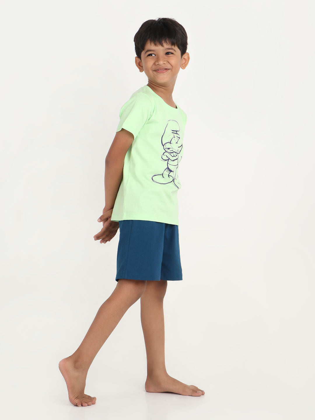 REBORN x Smurfs -Boys T-shirts & Shorts Co-ord set Cotton Printed - Pistachio green & Navy