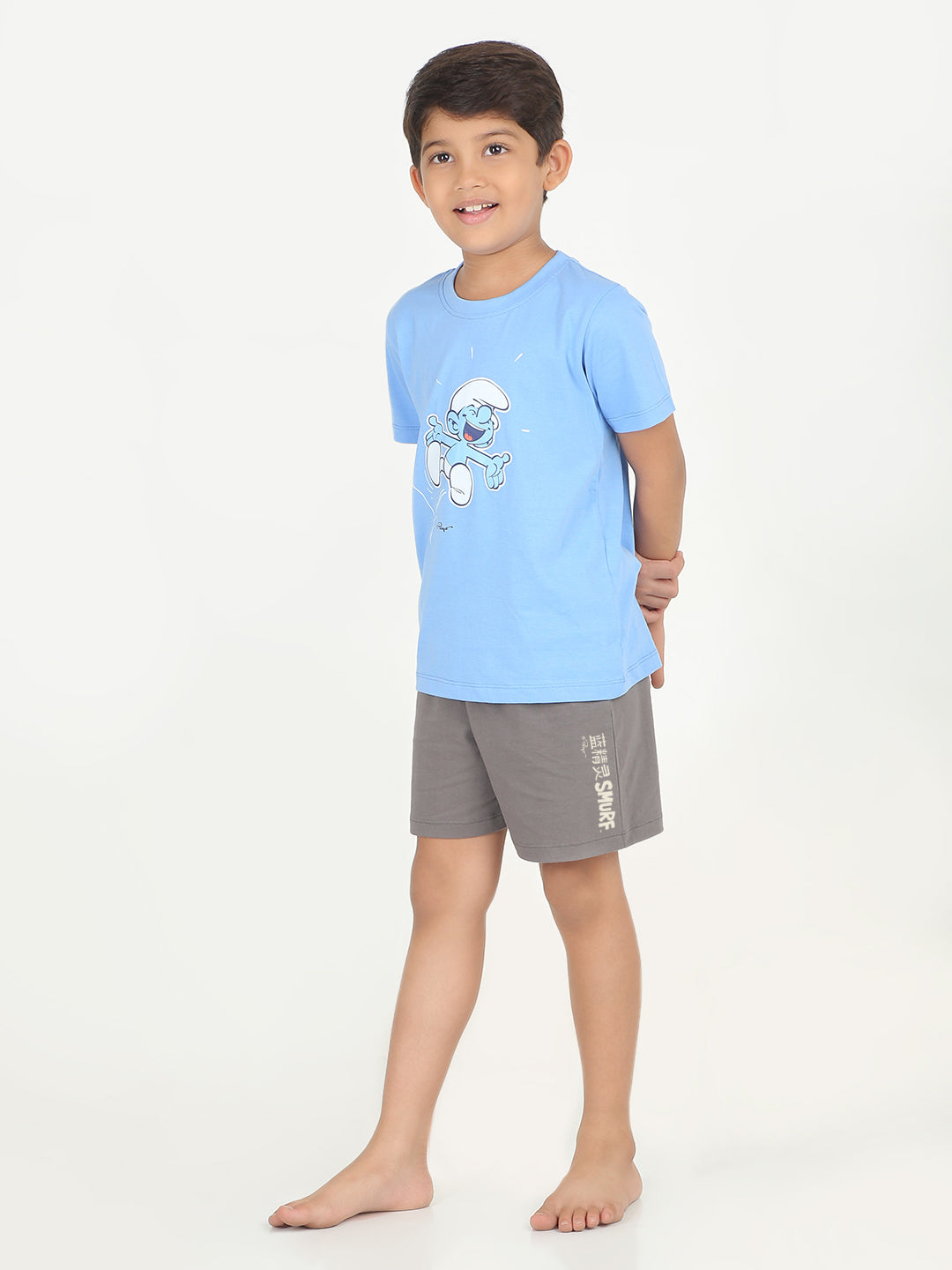 REBORN x Smurfs -Boys T-shirts & Shorts Co-ord set Cotton Printed - Blue & Charcoal Grey