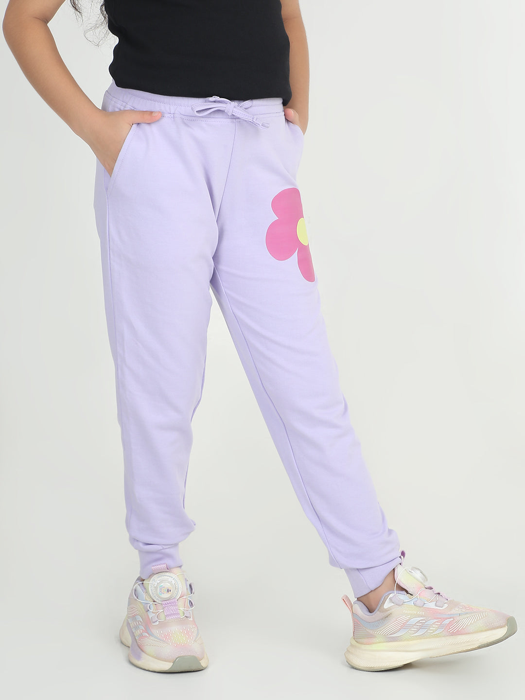 REBORN- Girls Blue Printed  cotton fleece Jogger -Lavender