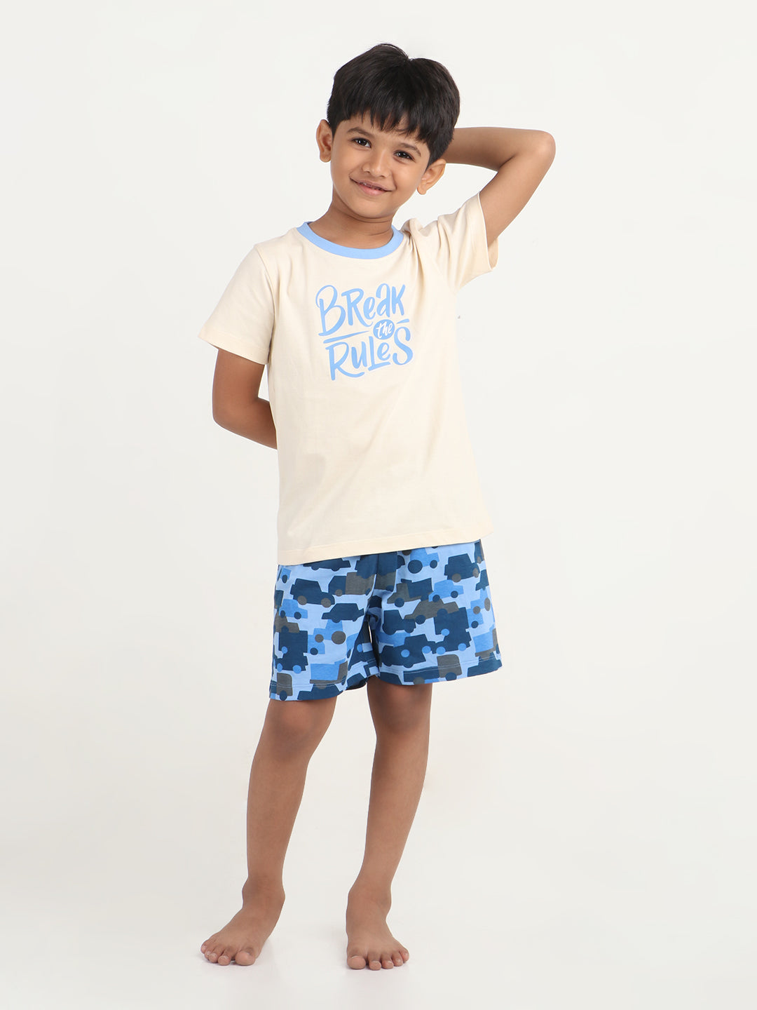 REBORN - Boys T-shirts & Shorts Co-ord set Cotton Printed - Butter Cream & Blue