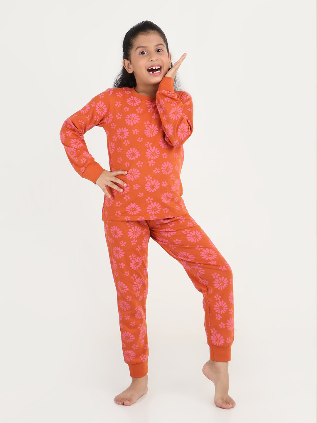 REBORN Girls-Soft Single Jersery Flower Printed Cotton Full Sleeve & PJ Sleepset - Rust