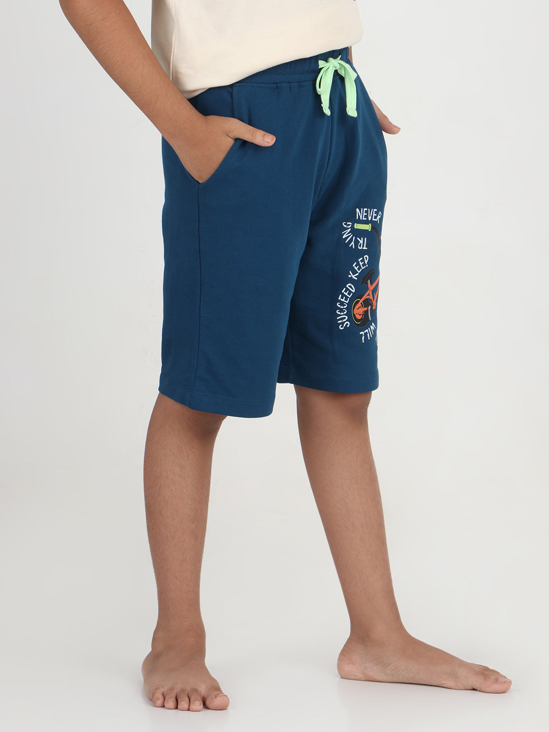 REBORN -Boys Printed  cotton fleece Shorts - Navy Blue