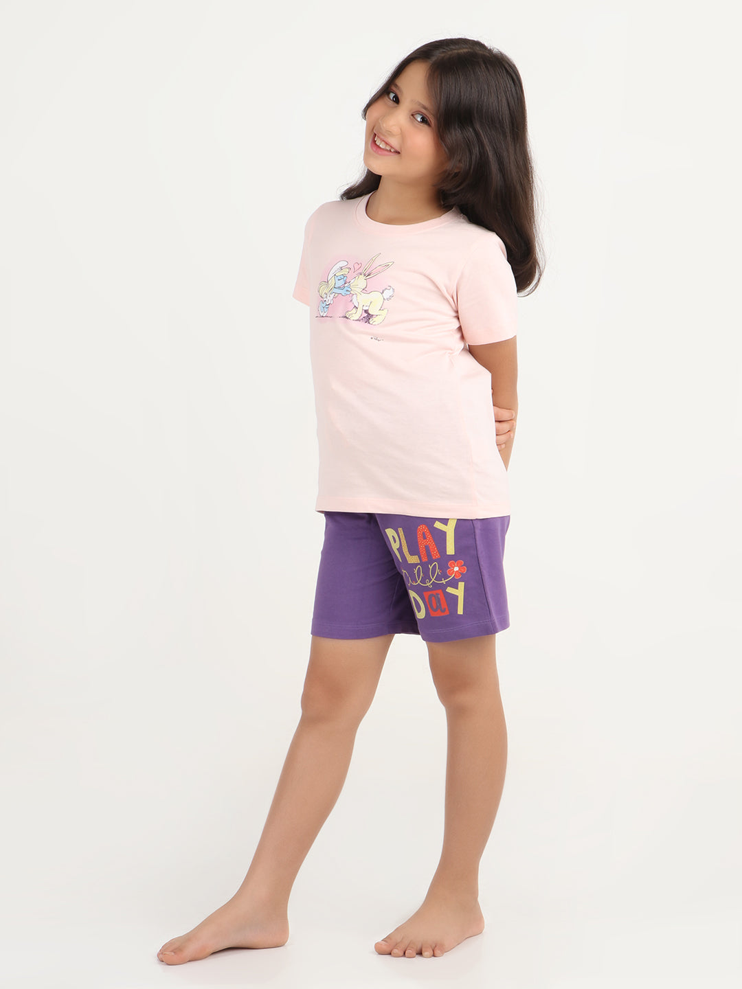 REBORN - Girls Printed  cotton fleece Shorts - Deep Purple