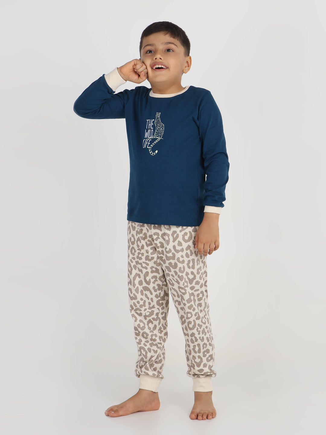 REBORN Boys -Soft Single Jersery Leopard Print Cotton Full Sleeve & PJ Sleepset - Navy Blue & Butter Cream