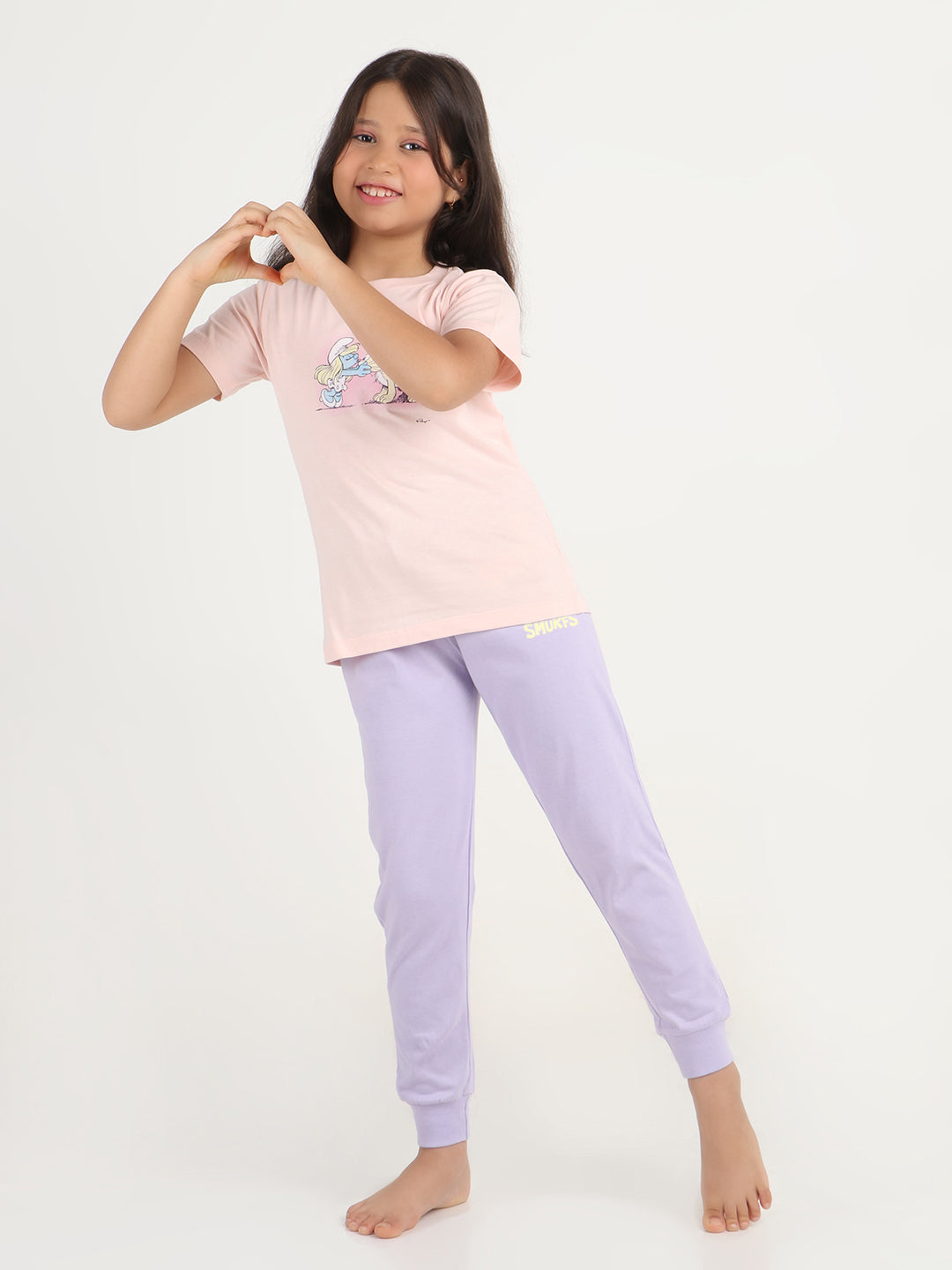 REBORN x Smurfs  Girls - Soft Single Jersery Printed Cotton Half Sleeve & PJ Sleepset - Soft Pink & Lavender
