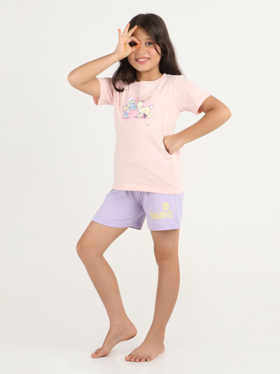 REBORN x Smurfs -Girls T-shirts & Shorts Co-ord set Cotton Printed - Soft Pink & Lavender