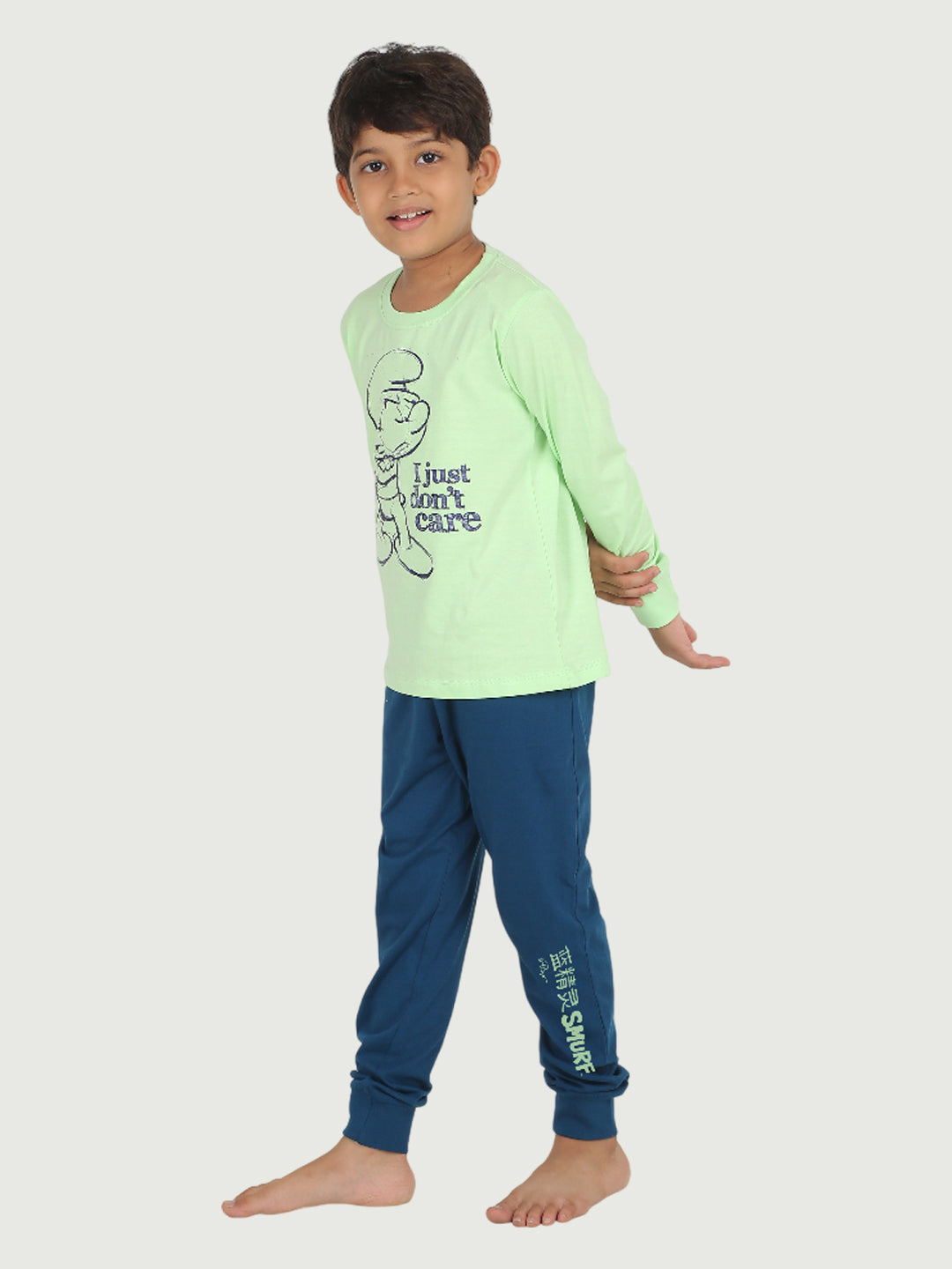 REBORN x Smurfs  Boys - Soft Single Jersery Printed Cotton Full Sleeve & PJ Sleepset - Pistachio Green & Navy Blue