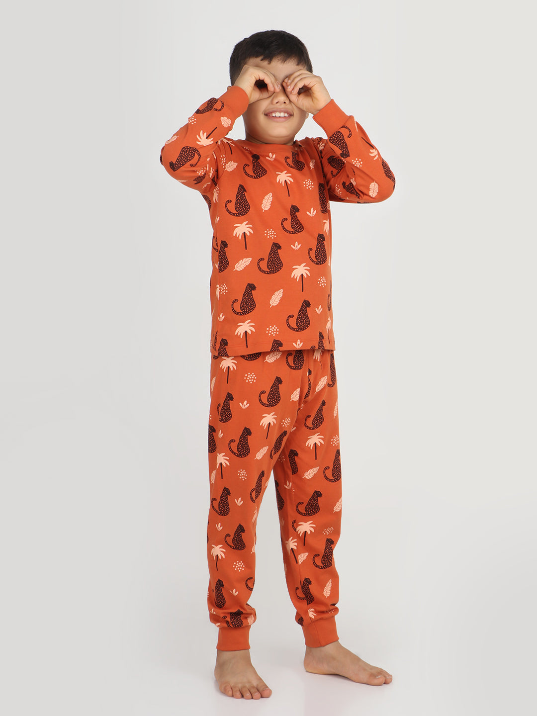 REBORN Boys -Soft Single Jersery Animal Print Cotton Full Sleeve & PJ Sleepset - RUST