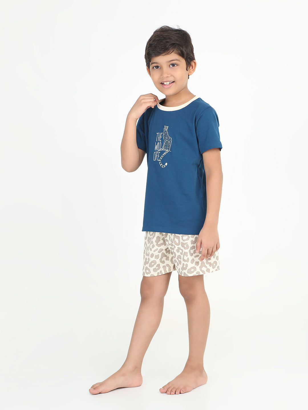 REBORN - Boys T-shirts & Shorts Co-ord set Cotton Leopard Print - Navy & Butter Cream
