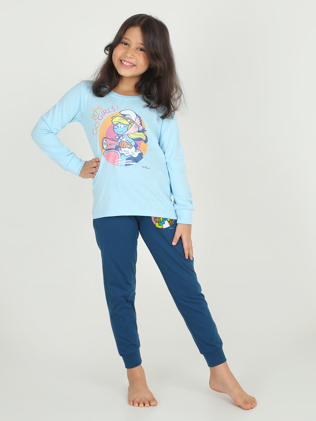 REBORN x Smurfs  Girls - Soft Single Jersery Printed Cotton Full Sleeve & PJ Sleepset - Sky Blue & Navy