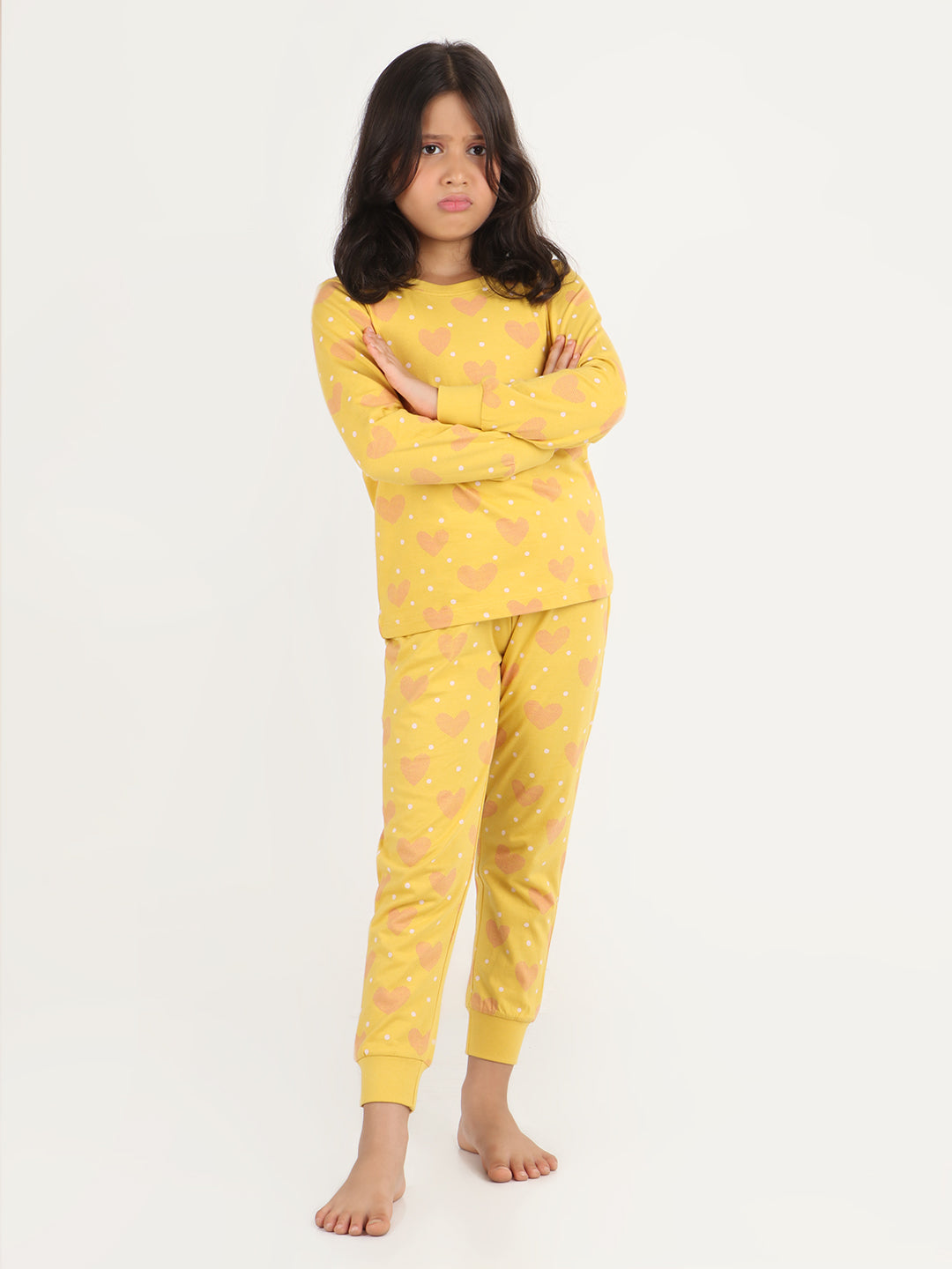 REBORN Girls-Soft Single Jersery Heart Printed Cotton Full Sleeve & PJ Sleepset -Mustard