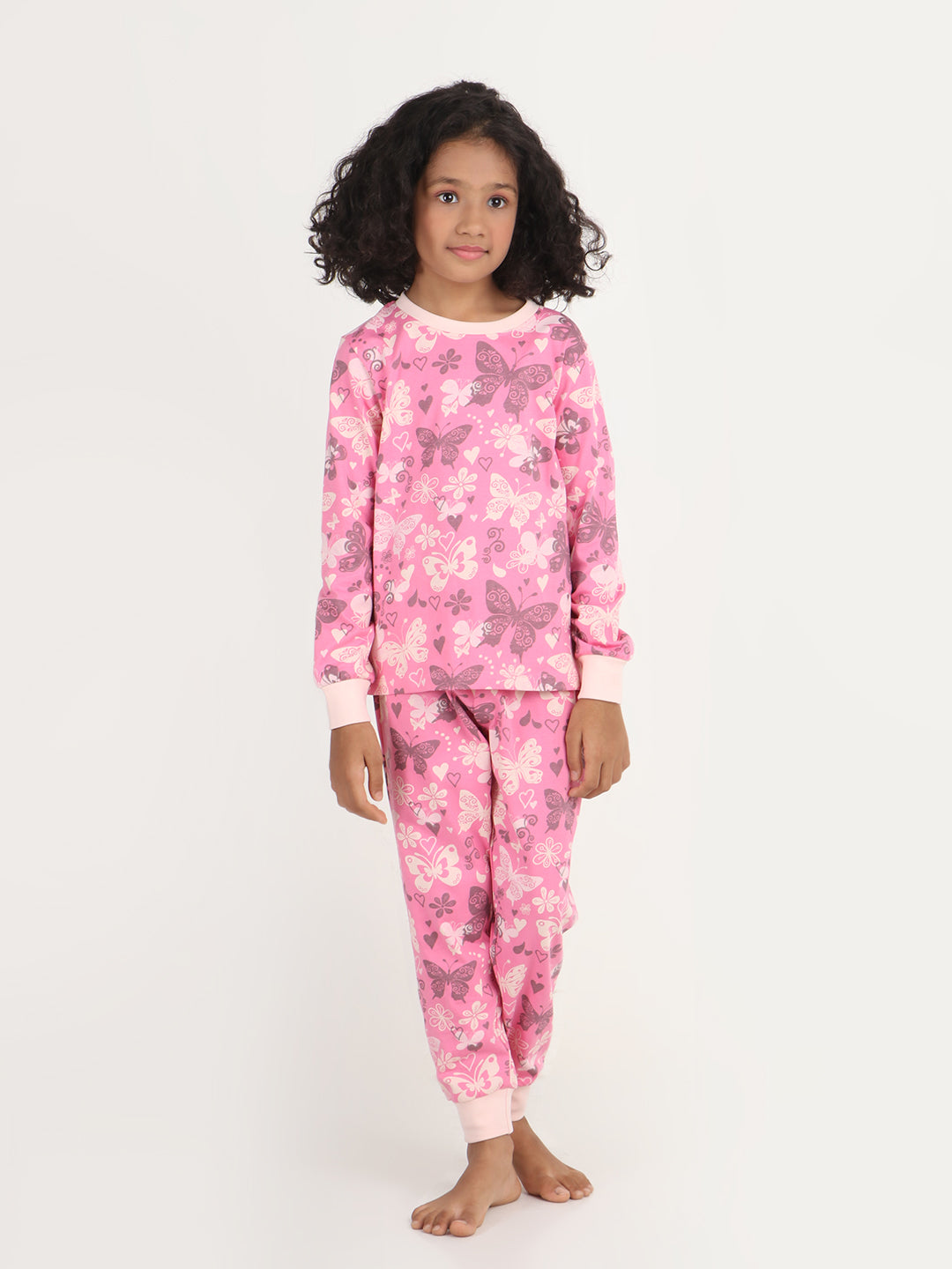 REBORN Girls-Soft Single Jersery Butterfly Printed Cotton Full Sleeve & PJ Sleepset - Pink