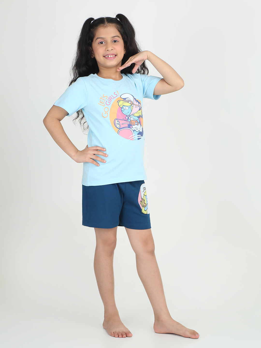 REBORN x Smurfs -Girls T-shirts & Shorts Co-ord set Cotton Printed -  Sky & Navy Blue