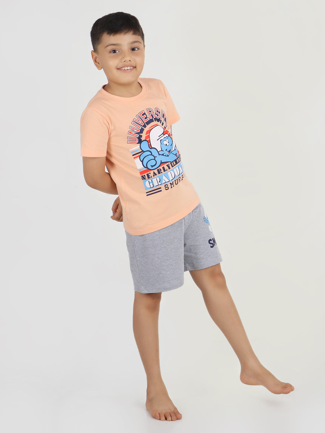 REBORN x Smurfs -Boys T-shirts & Shorts Co-ord set Cotton Printed - Peach & Grey Melange
