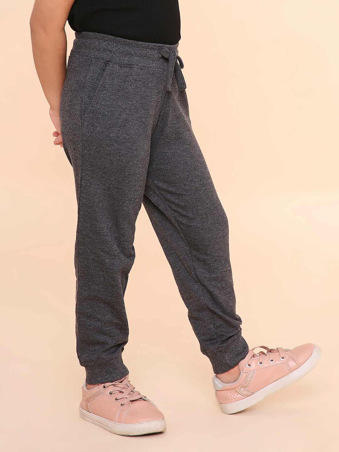 REBORN -Girls Solid Cotton Fleece Jogger -Charcoal Melange