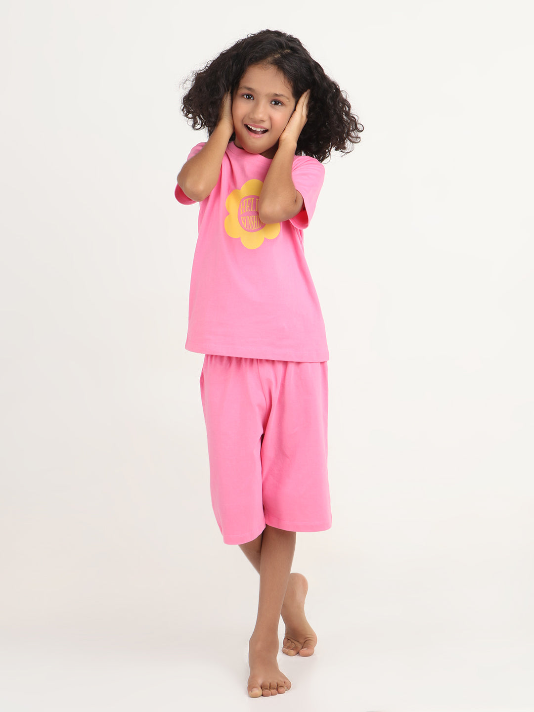 REBORN -Girls T-shirts & 3/4 Shorts Co-ord set Cotton Printed - Pink