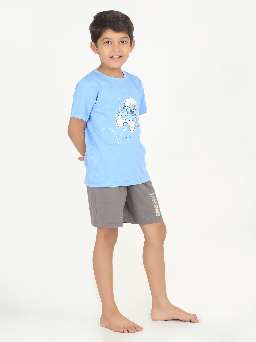 REBORN x Smurfs -Boys T-shirts & Shorts Co-ord set Cotton Printed - Blue & Charcoal Grey