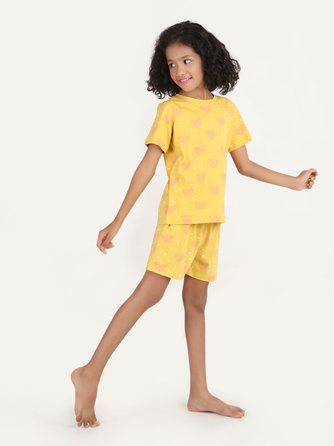 REBORN - Girls T-shirts & Shorts Co-ord set Cotton Heart Printed - Mustard