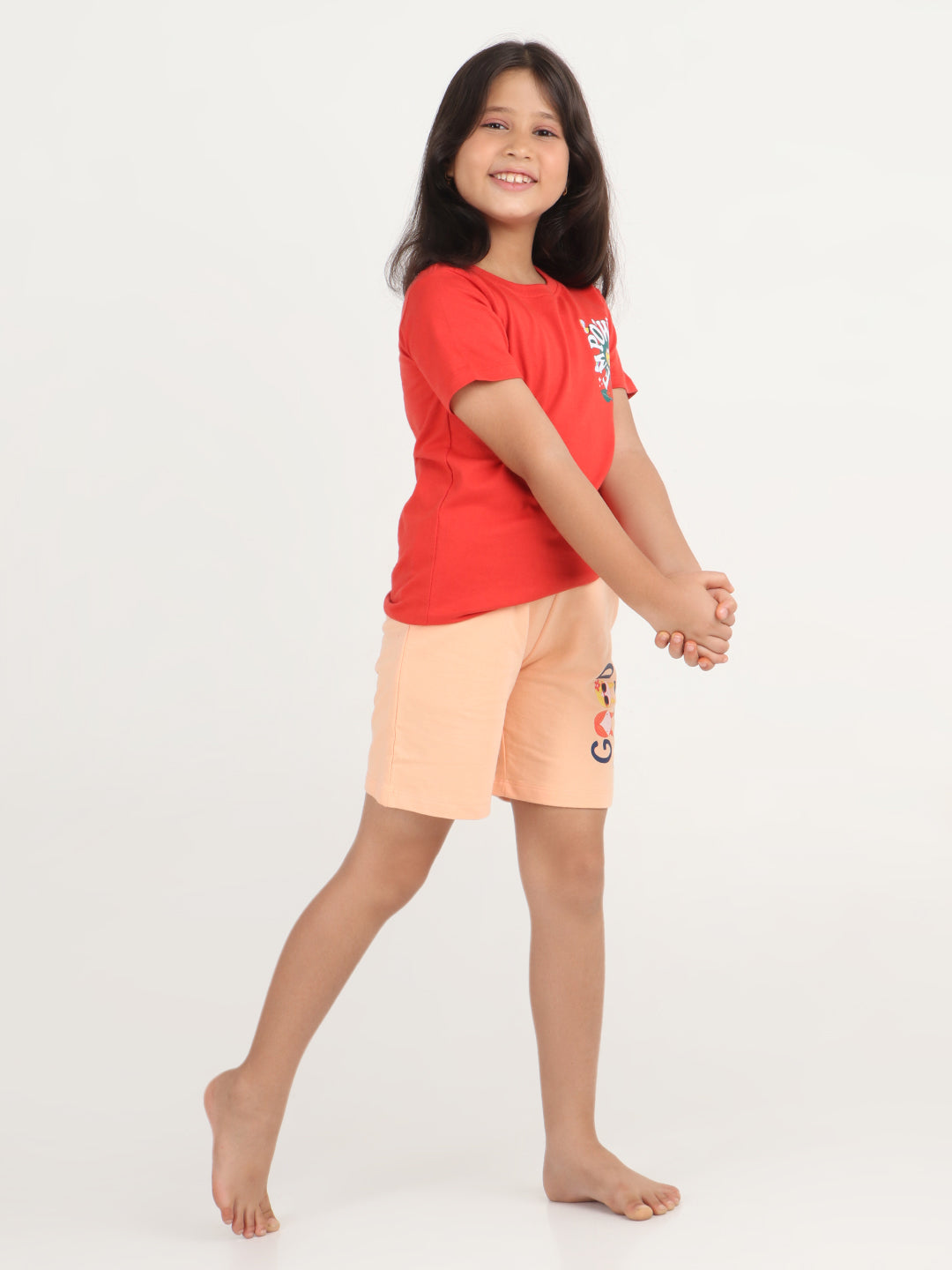 REBORN - Girls Printed  cotton fleece Shorts - Peach