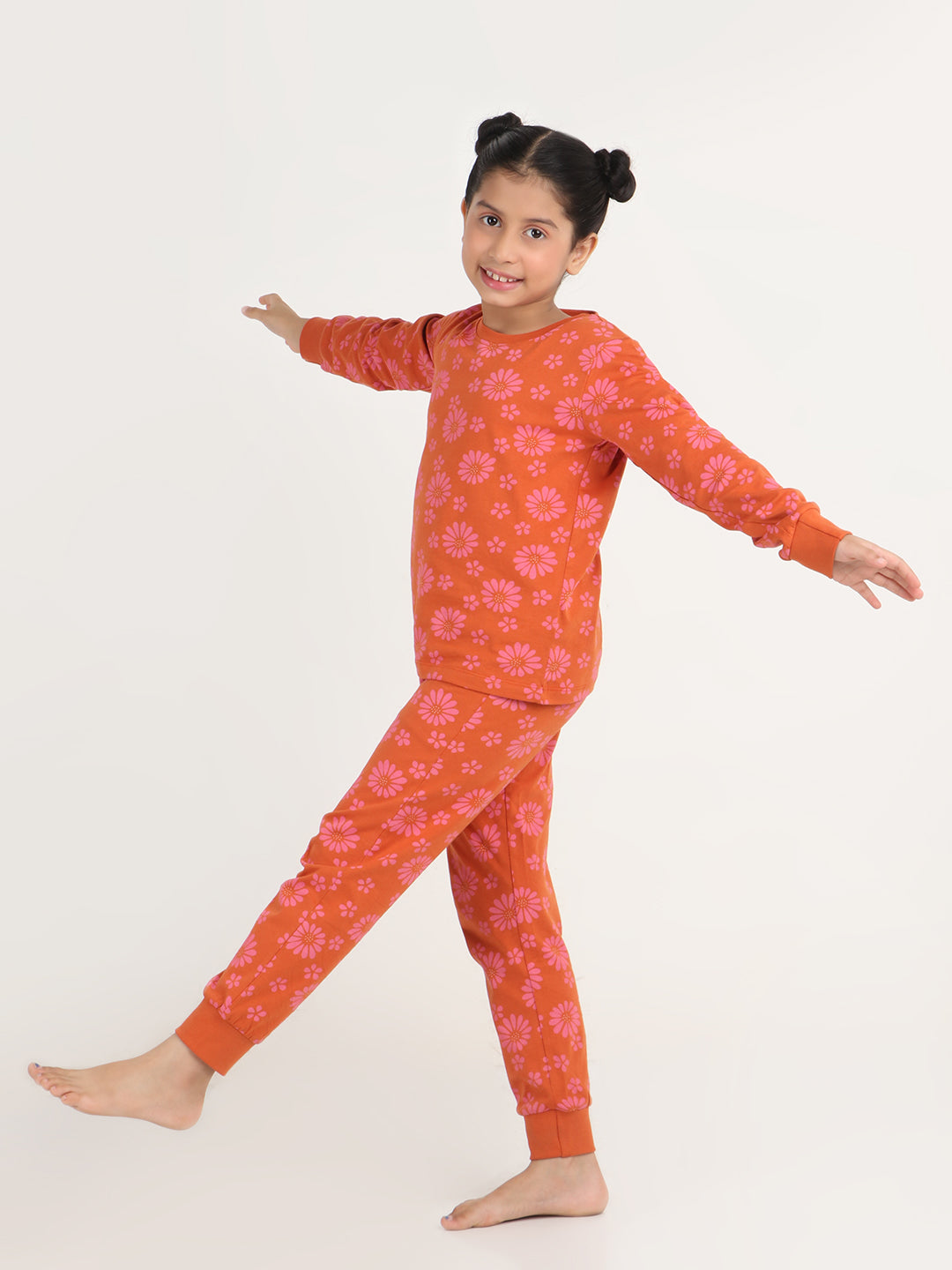 REBORN Girls-Soft Single Jersery Flower Printed Cotton Full Sleeve & PJ Sleepset - Rust