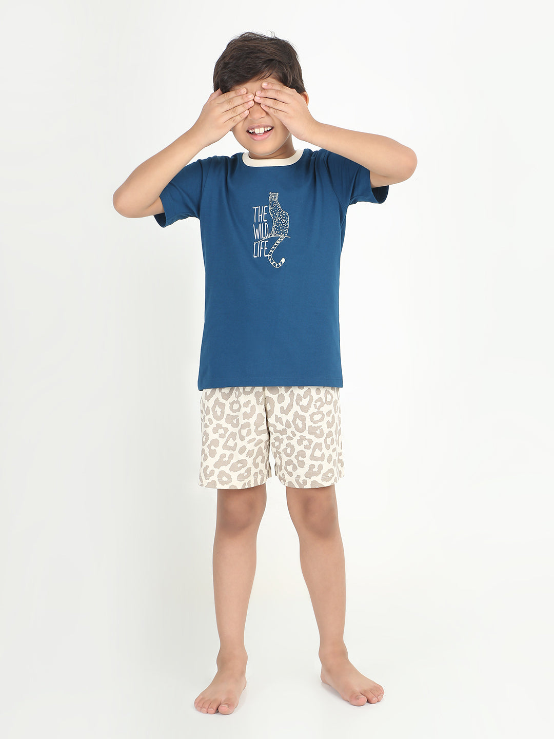 REBORN - Boys T-shirts & Shorts Co-ord set Cotton Leopard Print - Navy & Butter Cream