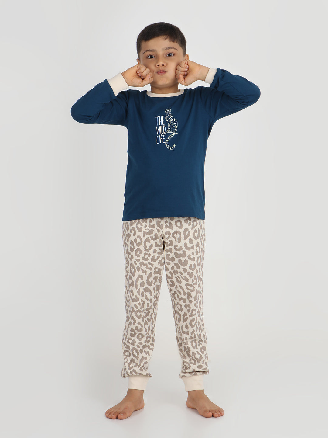 REBORN Boys -Soft Single Jersery Leopard Print Cotton Full Sleeve & PJ Sleepset - Navy Blue & Butter Cream