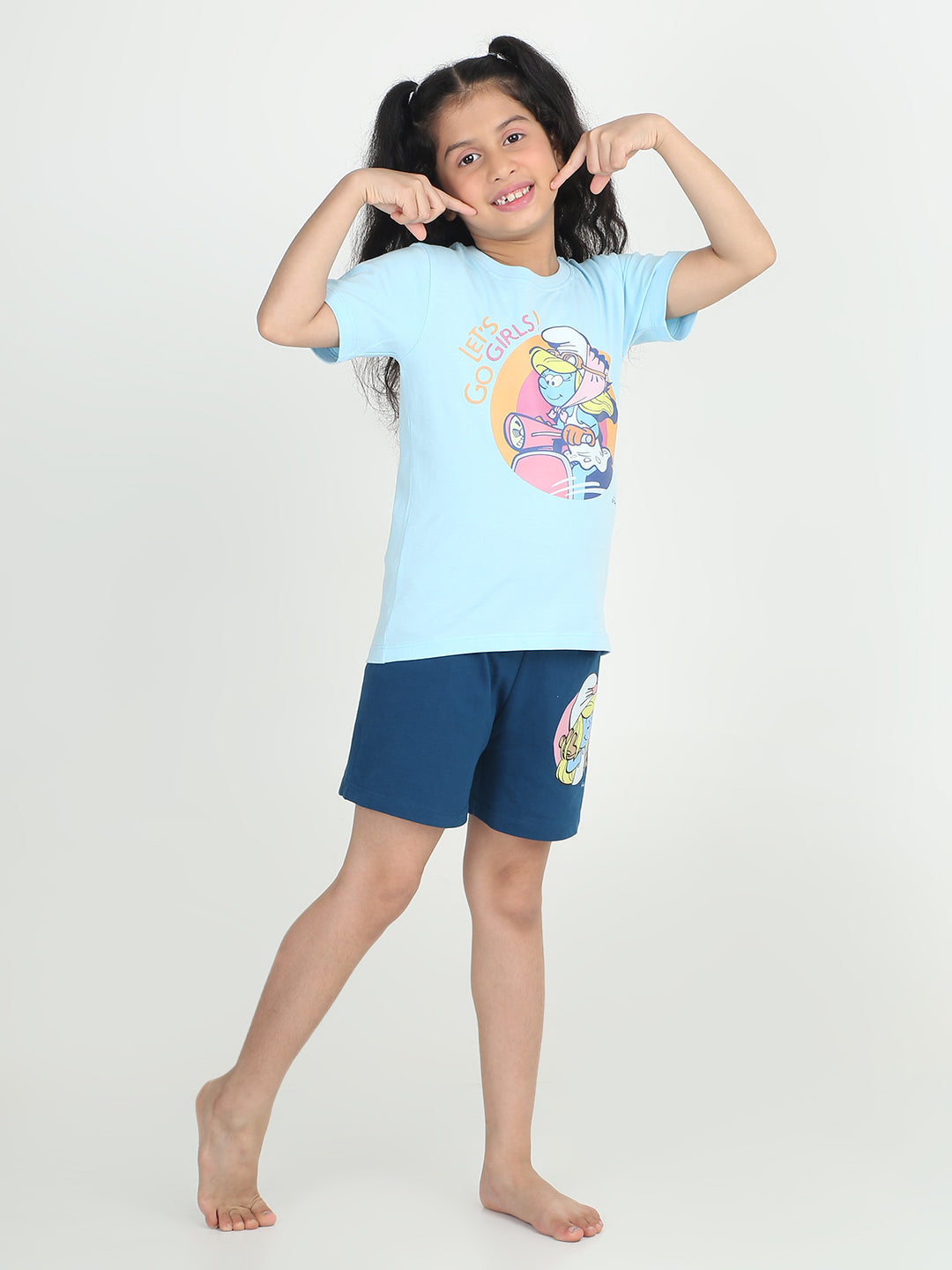 REBORN x Smurfs -Girls T-shirts & Shorts Co-ord set Cotton Printed -  Sky & Navy Blue