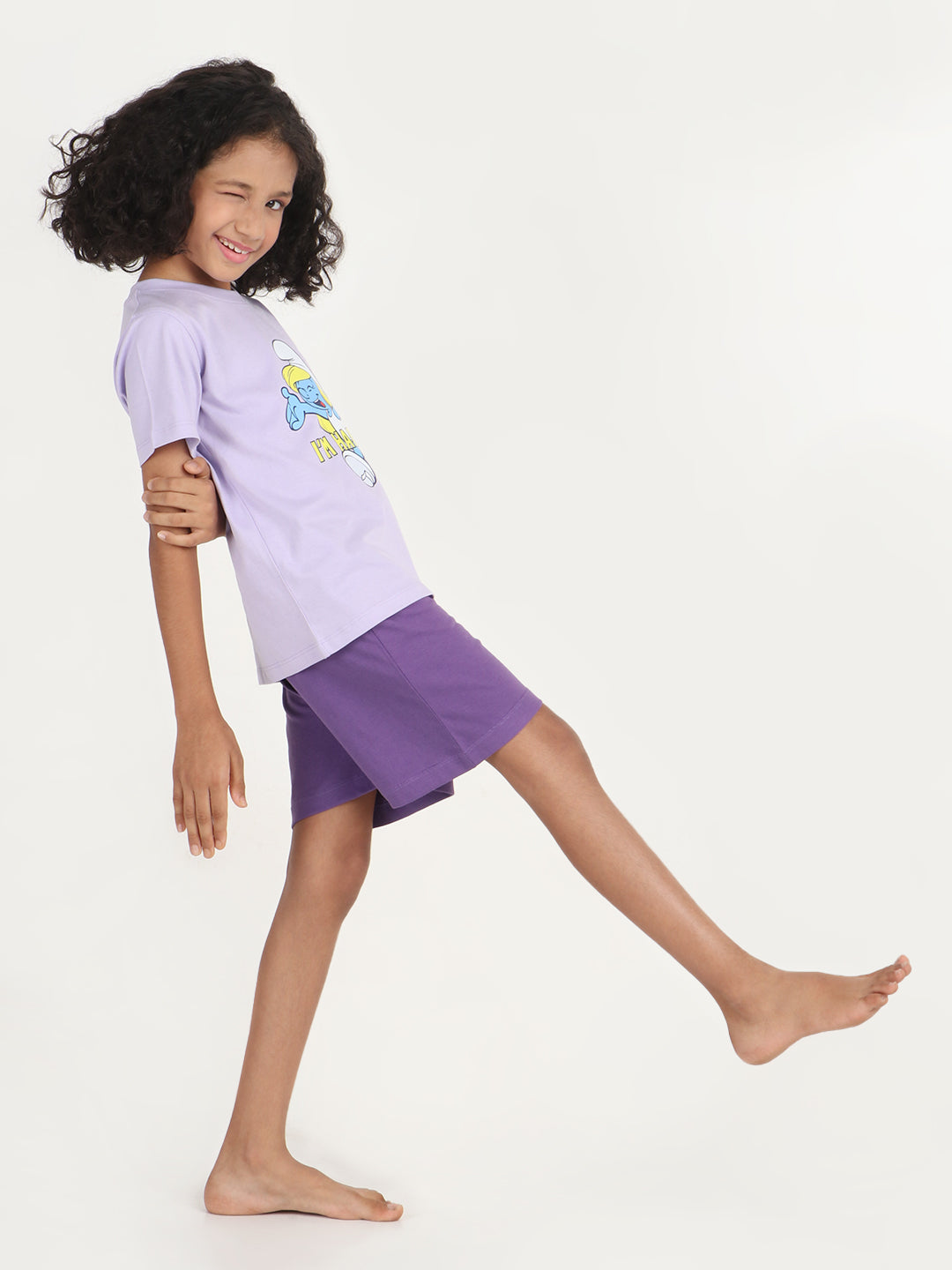 REBORN x Smurfs -Girls T-shirts & Shorts Co-ord set Cotton Printed - Lavender & Deep Purple
